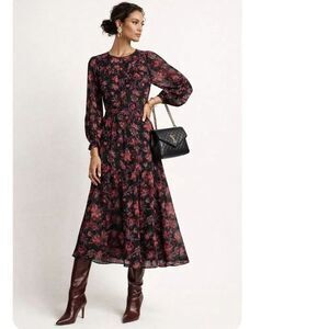 Derek Lam 10 Crosby  Tracy Floral Chiffon Midi Dress Size 10 Black Pink
